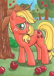 Size: 300x421 | Tagged: safe, artist:blightedangel, applejack, earth pony, pony, g4, apple, female, food, solo, traditional art, tree