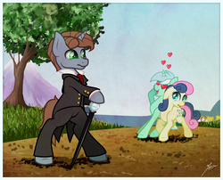 Size: 847x684 | Tagged: dead source, safe, artist:ruaniamh, bon bon, lyra heartstrings, sweetie drops, oc, pony, g4, bipedal, cane, clothes, female, kiriban, male, straight, suit