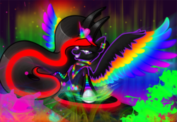 Size: 799x553 | Tagged: safe, artist:ruaniamh, oc, oc only, oc:princess neon boom, alicorn, original species, pony, alicorn oc, colored horn, colored wings, ear piercing, earring, ethereal mane, female, horn, jewelry, mare, multicolored wings, neon, neon pony, piercing, rainbow wings, solo, spread wings, wings