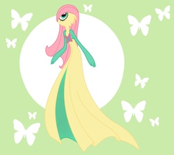 Size: 4263x3795 | Tagged: safe, artist:alexkingofthedamned, fluttershy, butterfly, gardevoir, g4, abstract background, female, green background, lime background, my little pokémon, pokefied, pokémon, simple background, solo, species swap