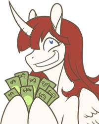 Size: 800x1000 | Tagged: safe, artist:rozga, oc, oc only, oc:fausticorn, alicorn, pony, female, lauren faust, mare, money, solo