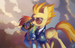 Size: 1650x1050 | Tagged: safe, artist:dawnfire, rainbow dash, spitfire, pegasus, pony, g4, aviator goggles, cloud, cloudy, colored pupils, duo, goggles, raised hoof, signature, sunglasses, wonderbolt trainee uniform