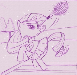 Size: 1936x1890 | Tagged: safe, artist:rachellevitte, rarity, pony, g4, clothes, female, lineart, magic, monochrome, skirt, solo, tennis