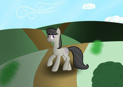 Size: 900x638 | Tagged: safe, artist:nostalgiagamerjs, octavia melody, earth pony, pony, g4, bush, cloud, female, grass, mare, raised hoof, road, shadow, sky, smiling, solo