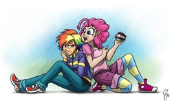 Size: 1920x1152 | Tagged: safe, artist:glancojusticar, pinkie pie, rainbow dash, human, g4, alternate hairstyle, back to back, cake, clothes, converse, duo, eating, humanized, open mouth, shoes, short hair, short hair rainbow dash, sitting, socks, striped socks, unamused