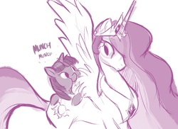 Size: 722x526 | Tagged: safe, artist:herny, princess celestia, twilight sparkle, alicorn, pony, unicorn, g4, butt touch, eating, female, filly twilight sparkle, hoof on butt, mare, monochrome, nom, sketch