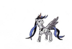 Size: 400x273 | Tagged: safe, artist:nightshade424, princess luna, oc, oc:nightshade, alicorn, pegasus, pony, unicorn, g4, costume, nightmare night, raised hoof, simple background, solo, traditional art