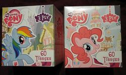 Size: 612x364 | Tagged: safe, pinkie pie, rainbow dash, earth pony, pegasus, pony, g4, merchandise, open mouth, open smile, raised hoof, smiling, spread wings, tissue, tissue box, wings