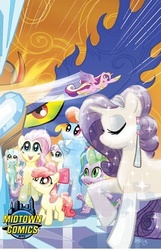 Size: 300x465 | Tagged: safe, artist:tony fleecs, idw, official comic, apple bloom, bon bon, fluttershy, king sombra, lyra heartstrings, princess cadance, rainbow dash, rarity, spike, sweetie drops, alicorn, dragon, earth pony, pony, unicorn, g4, the crystal empire, comic, cover, crystal empire, crystal heart, crystal spike, crystallized, female, filly, male, mare, midtown comics