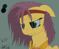 Size: 900x750 | Tagged: safe, artist:mattatatta, fluttershy, pony, survivor shy, g4, bandana, element of kindness, female, messy mane, sad, solo, wip