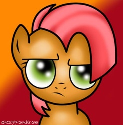 Size: 410x417 | Tagged: safe, artist:echo1077, babs seed, earth pony, pony, g4, bust, female, filly, frown, gradient background, solo