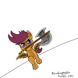 Size: 1000x1000 | Tagged: safe, artist:rainbowgambler, scootaloo, pony, g4, 30 minute art challenge, axe, battle axe, female, mouth hold, solo, weapon