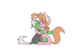 Size: 997x697 | Tagged: safe, artist:enma-darei, oc, oc:anon, oc:sugar bumpkin, anon pony, hug, mlpchan, oats, ponified, shipping, simple background, transparent background, tsundere