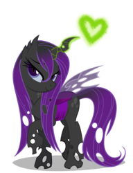 Size: 900x1169 | Tagged: safe, artist:vampteen83, oc, oc only, oc:penumbra, changeling, 2012, changeling oc, female, heart, lidded eyes, magic, penumbra, purple changeling, simple background, solo, transparent background, vector, wet mane