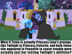 Size: 1280x958 | Tagged: safe, edit, edited screencap, screencap, princess luna, trixie, alicorn, pony, unicorn, boast busters, g4, luna eclipsed, magic duel, alicorn amulet, insane fan theory, s1 luna, text