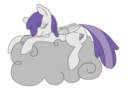 Size: 627x437 | Tagged: safe, artist:ponycide, tornado bolt, g4, cloud, eyes closed, female, filly, foal, folded wings, front view, lying down, lying on a cloud, on a cloud, prone, side view, simple background, sleeping, sleeping on a cloud, white background, wings