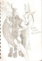 Size: 481x690 | Tagged: safe, artist:shadowdave, discord, queen chrysalis, changeling, changeling queen, draconequus, g4, female, monochrome, traditional art