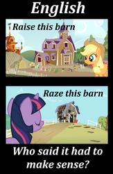 Size: 1512x2317 | Tagged: safe, applejack, twilight sparkle, g4, barn, joke, meme