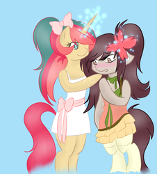 Size: 900x996 | Tagged: safe, artist:alicesaurusrex, peachy, oc, earth pony, pony, unicorn, bipedal, bow, clothes