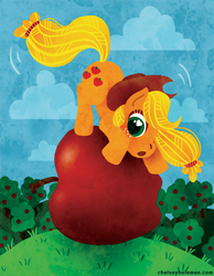 Size: 700x902 | Tagged: safe, artist:chelseyholeman, applejack, earth pony, pony, g4, apple, balancing, female, solo