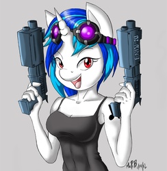 Size: 1100x1126 | Tagged: safe, artist:morrisoncamaro, dj pon-3, vinyl scratch, anthro, g4, breasts, busty vinyl scratch, female, gun, weapon