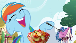 Size: 1365x768 | Tagged: safe, edit, edited screencap, screencap, rainbow dash, pony, friendship is magic, g4, female, fork, fruit, fruit salad, herbivore, laughing, ponies laughing with fruit salad, reaction image, solo, well