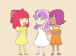 Size: 803x591 | Tagged: safe, apple bloom, scootaloo, sweetie belle, human, g4, cutie mark crusaders, humanized