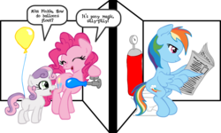 Size: 2918x1750 | Tagged: safe, artist:inkwell, pinkie pie, rainbow dash, sweetie belle, pony, g4, balloon, dialogue, fart joke, implied farting, implied pooping, newspaper, pegasus gas, pony farts, potty, potty time, reading, secret, sitting, sitting on toilet, speech bubble, toilet