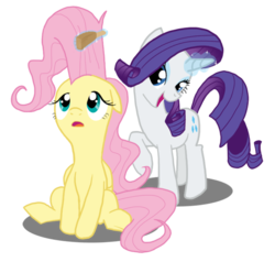 Size: 573x545 | Tagged: safe, artist:catchman, fluttershy, rarity, pegasus, pony, unicorn, g4, brush, duo, duo female, female, horn, magic, mare, open mouth, simple background, sitting, transparent background