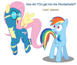 Size: 690x580 | Tagged: safe, artist:catchman, fluttershy, rainbow dash, pegasus, pony, g4, clothes, dialogue, duo, duo female, female, mare, simple background, transparent background, uniform, wonderbolts, wonderbolts uniform, wondershy