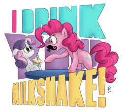 Size: 1659x1500 | Tagged: safe, artist:theinkbot, pinkie pie, sweetie belle, g4, i drink your milkshake, milkshake, moustache, parody, there will be blood