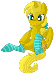 Size: 395x535 | Tagged: safe, artist:lulubell, oc, oc only, oc:ticket, alicorn, pony, alicorn oc, bow, clothes, cute, simple background, socks, solo, striped socks, transparent background