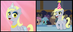 Size: 979x438 | Tagged: safe, artist:chrisboe4ever, amethyst star, candy mane, cloud kicker, derpy hooves, doctor whooves, lyra heartstrings, sparkler, time turner, pegasus, pony, g4, 2 panel comic, catwalk, comic, fashion show, female, hat, jewelry, makeup, mare, necklace, tiara