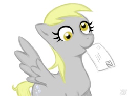 Size: 1024x768 | Tagged: safe, artist:chrisboe4ever, derpy hooves, pegasus, pony, g4, female, letter, mare, mouth hold, simple background, solo, white background