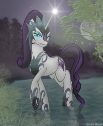 Size: 700x855 | Tagged: dead source, safe, artist:giuliabeck, nightmare rarity, rarity, pony, g4, alternate hairstyle, armor, armorarity, corrupted, female, helmet, hilarious in hindsight, moon, night, nightmarified, outdoors, reflection, solo