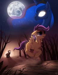 Size: 903x1172 | Tagged: dead source, safe, artist:ruhje, olden pony, princess luna, scootaloo, alicorn, pegasus, pony, g4, sleepless in ponyville, blank flank, crying, dream, female, filly, floppy ears, foal, full moon, glowing eyes, mare, moon, night, night sky, open mouth, running, scared, shadow, sky, spread wings, teary eyes, white eyes, wings