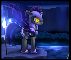 Size: 900x765 | Tagged: safe, artist:mister-markers, bat pony, pony, g4, fire, moonlight, night, night guard, solo, torch