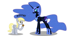 Size: 10000x5000 | Tagged: safe, artist:aibotnya, derpy hooves, nightmare moon, pegasus, pony, g4, absurd resolution, female, mare, muffin, simple background, transparent background, vector