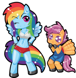 Size: 2306x2367 | Tagged: safe, artist:allymoodyneko, artist:wraithx79, rainbow dash, scootaloo, anthro, unguligrade anthro, g4, ambiguous facial structure, belly button, clothes, midriff, overalls, shorts, simple background, sports bra, transparent background, vector