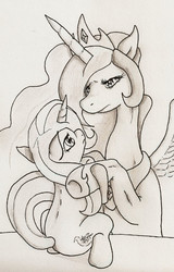 Size: 500x781 | Tagged: safe, artist:yakuimaid, princess celestia, trixie, g4, female, lesbian, monochrome, shipping, trixlestia