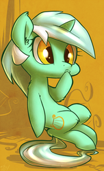 Size: 608x1000 | Tagged: safe, artist:atryl, lyra heartstrings, pony, g4, female, pondering, prehensile tail, sitting, solo, thinking