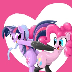 Size: 2000x2000 | Tagged: safe, artist:laaseensld, pinkie pie, twilight sparkle, earth pony, pony, unicorn, g4, bipedal, butt, butt bump, butt to butt, butt touch, clothes, dock, duo, female, heart, horn, human shoulders, kinkie pie, latex, latex socks, lesbian, plot, scarf, ship:twinkie, shipping, socks, stockings, tail, unicorn twilight