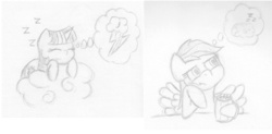 Size: 1280x628 | Tagged: safe, artist:ramott, rainbow dash, twilight sparkle, pony, g4, cider mug, cloud, doodles, female, lesbian, monochrome, mug, on a cloud, onomatopoeia, rainbow dash's cutie mark, ship:twidash, shipping, sound effects, thought bubble, traditional art, zzz