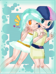 Size: 458x596 | Tagged: safe, artist:amanecer-dawn, bon bon, lyra heartstrings, sweetie drops, human, g4, clothes, duo, female, humanized