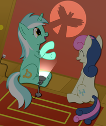 Size: 1280x1518 | Tagged: safe, artist:ramott, bon bon, lyra heartstrings, sweetie drops, earth pony, pony, unicorn, g4, amused, bon bon is amused, dark, duo, hand, how, lamp, shadow puppets, sitting