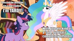 Size: 844x466 | Tagged: safe, edit, edited screencap, screencap, princess celestia, twilight sparkle, g4, caption, tardy