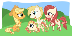 Size: 1200x600 | Tagged: safe, artist:otterlore, applejack, baby apple delight, daddy apple delight, mommy apple delight, g1, g4, apple delight family, family, filly, g1 to g4, generation leap, simple background, transparent background