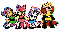 Size: 500x267 | Tagged: dead source, safe, artist:oh-what-a-twist, apple bloom, scootaloo, sweetie belle, twist, earth pony, pegasus, pony, unicorn, semi-anthro, g4, action pose, bitter sweets, crossover, cutie mark crusaders, female, filly, foal, looking at you, simple background, the powerpuff girls, white background