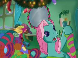 Size: 640x480 | Tagged: safe, screencap, minty, pony, a very minty christmas, g3, clothes, female, house, open mouth, socks, solo, striped socks, worried