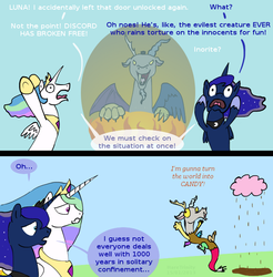 Size: 640x650 | Tagged: safe, artist:haretrinity, discord, princess celestia, princess luna, g4, chocolate rain, comic, insanity, truth